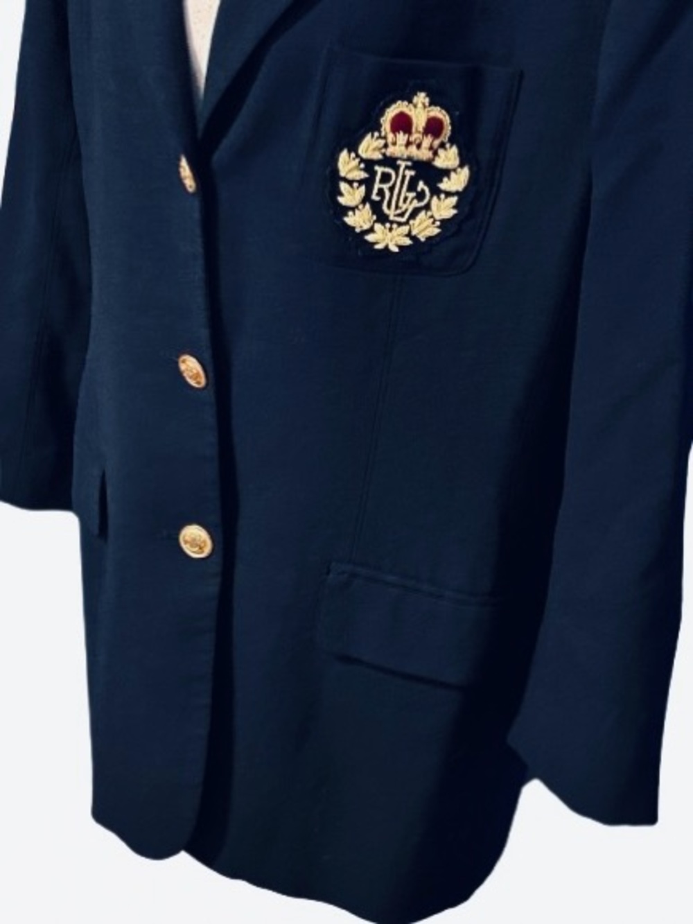 Vintage Wool RALPH LAUREN Navy Blue Blazer Crest Gold Buttons Designer Plus 16 - Picture 6 of 13